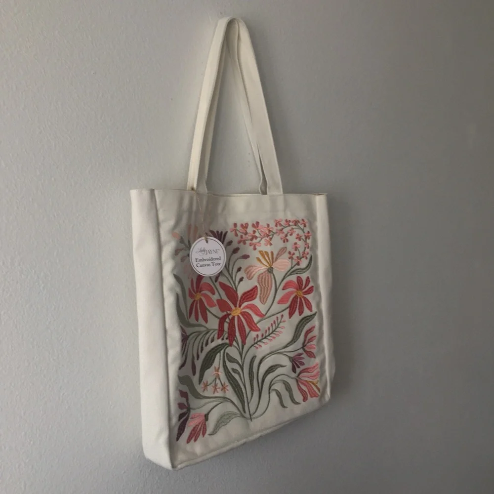 Floral Embroidered Canvas Tote Shoulder Bag by Lady Jayne